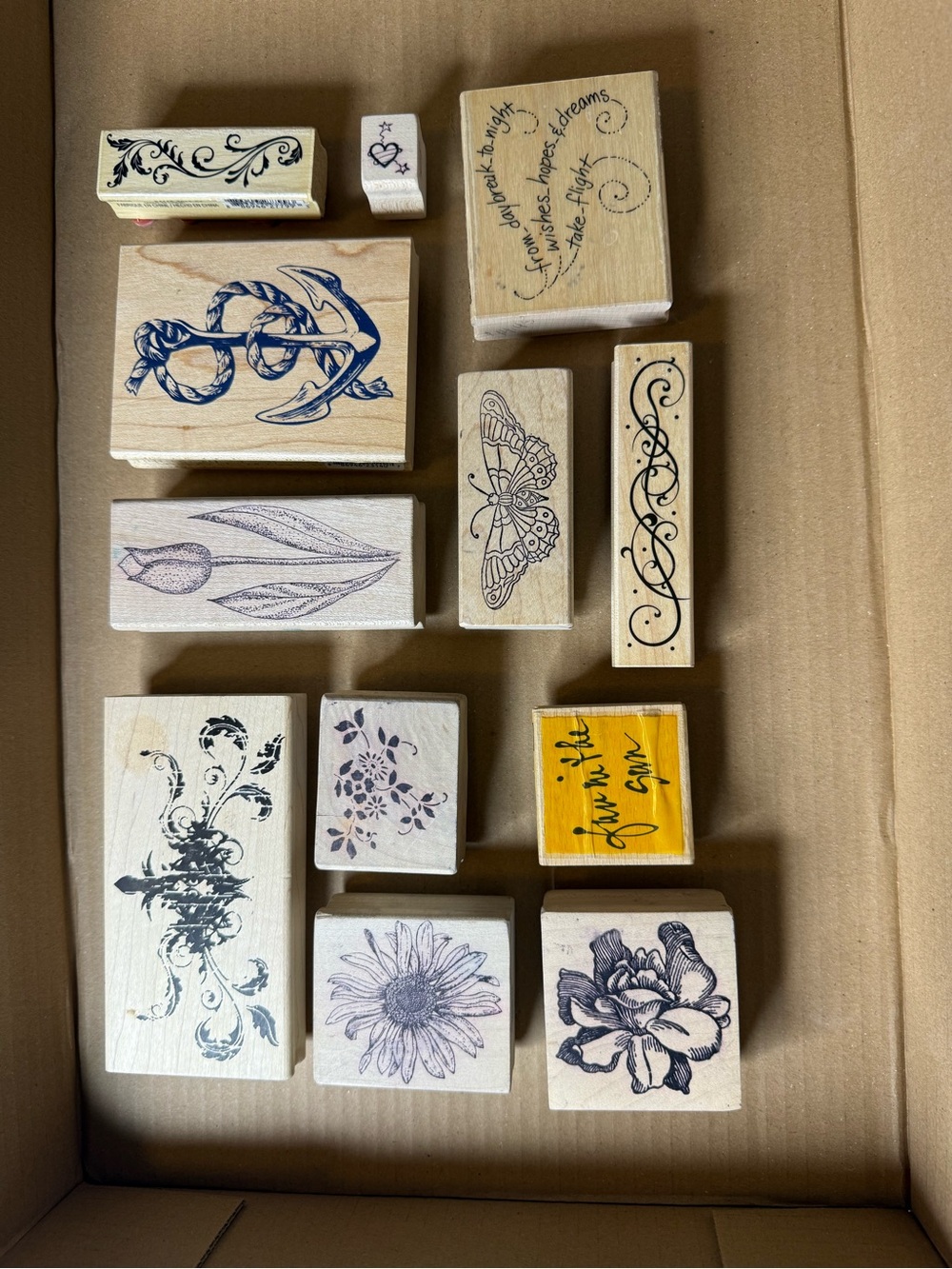 12 Wooden Decorative Stamps - Floral, Anchor, Butterfly